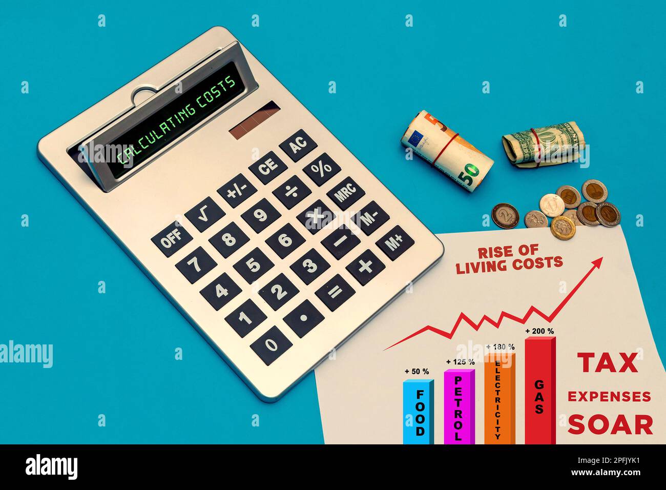 Paper money notes and coins next to calculator and chart of increasing