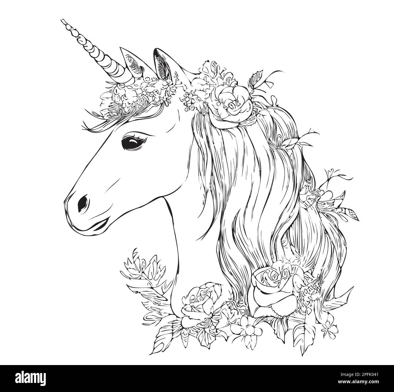 Magical unicorn head hand drawn sketch in doodle style illustration Fairy tales Stock Vector
