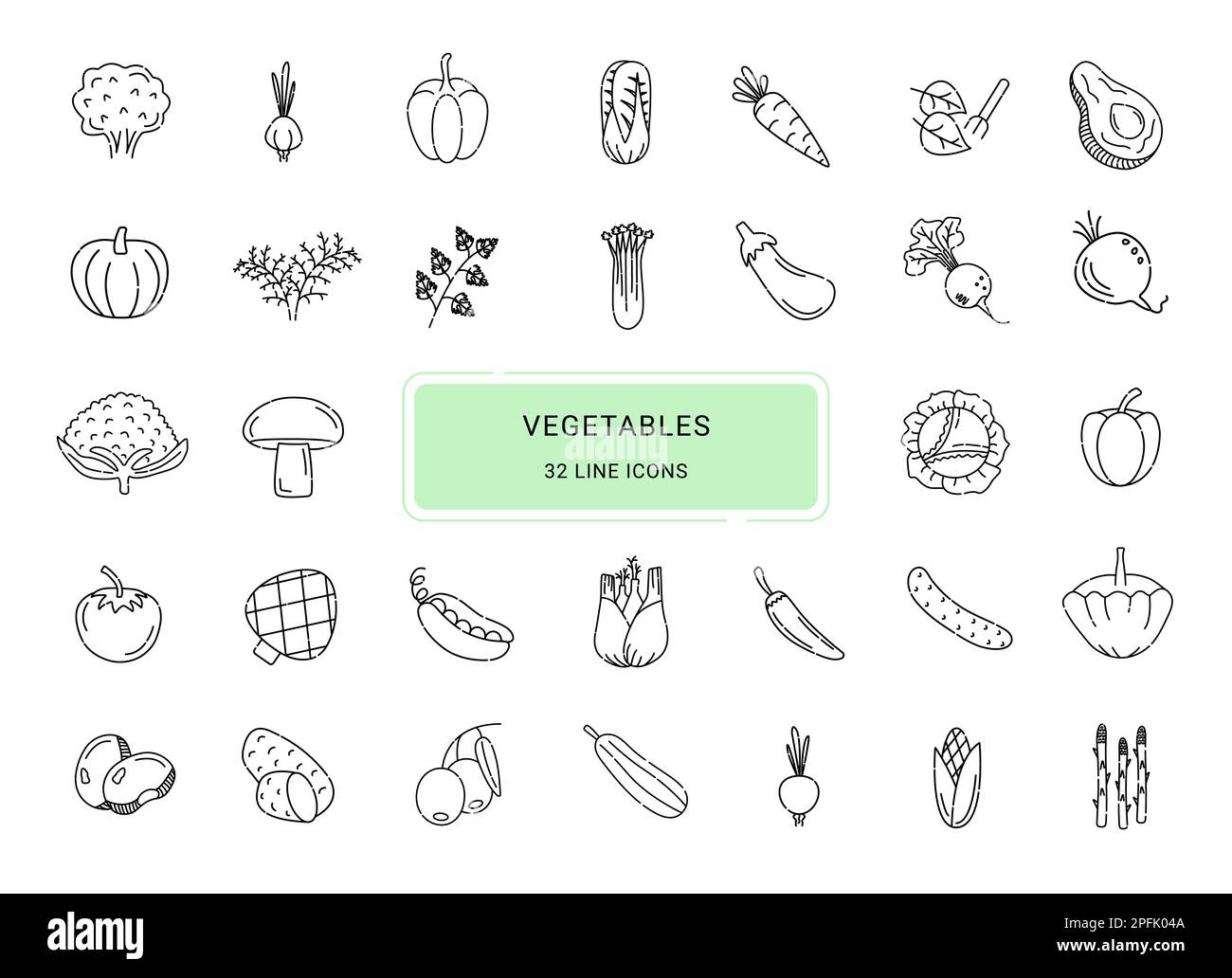 Vegetables, 32 black line vector icons Stock Vector