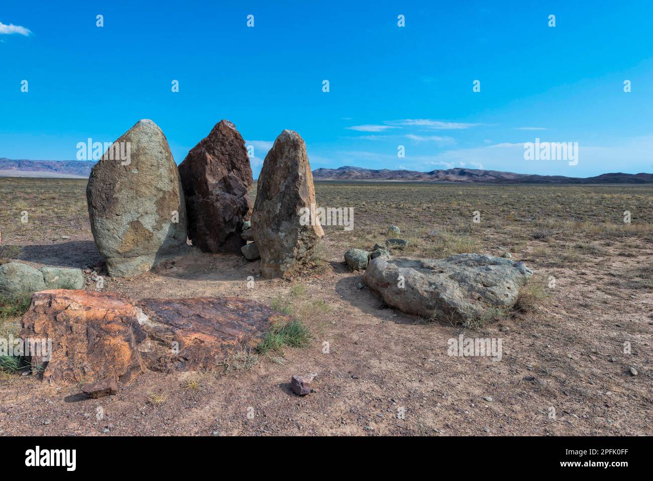 Ancient fire stones, site of a 12th century camp of Ghengis Khan and his troops, Altyn-Emel National Park, Almaty Region, Kazakhstan, Central Asia Stock Photo