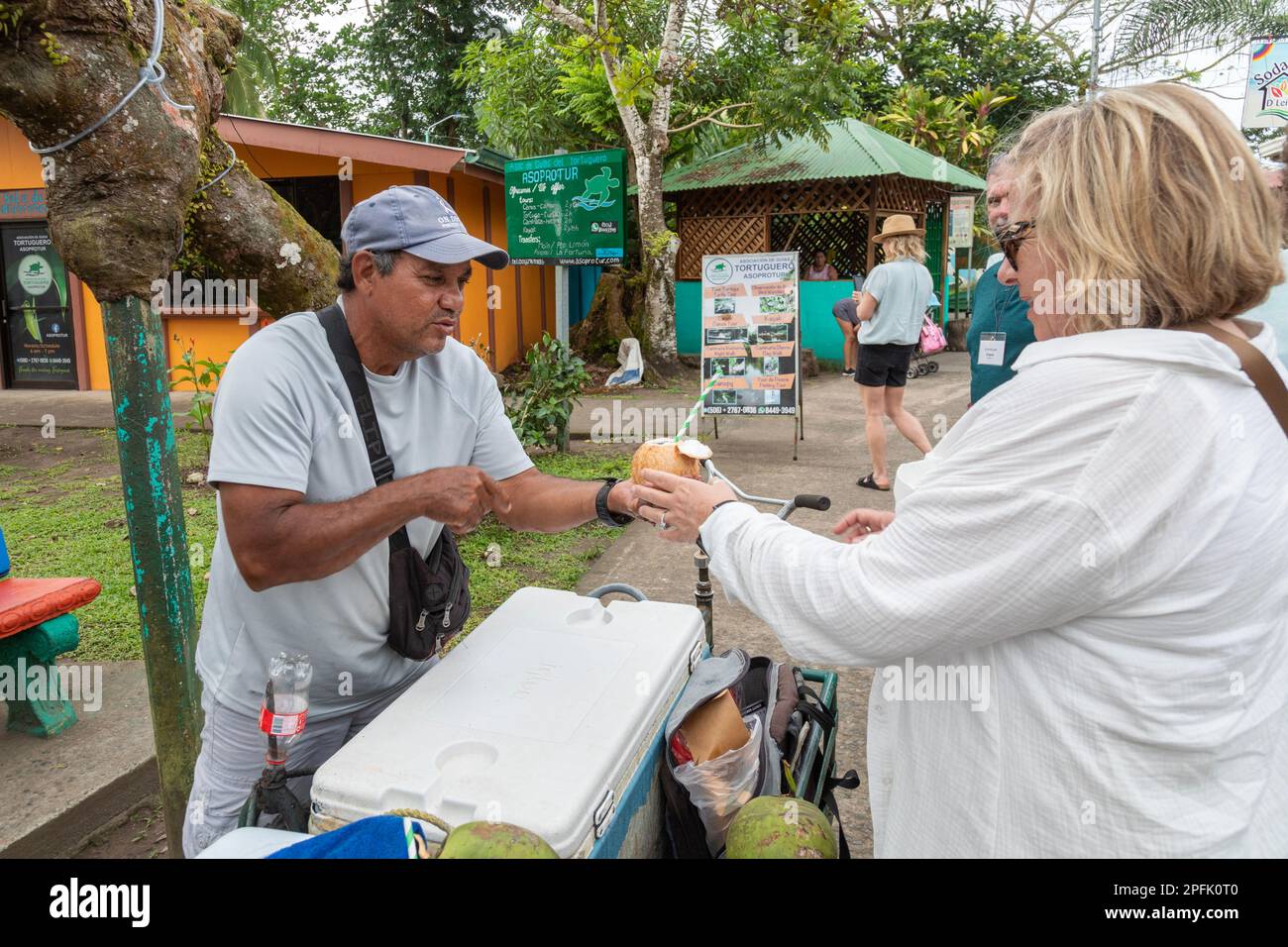 Tortuguero, Costa Rica - A street vendor sells a coconut to a tourist in this small village on the Caribbean coast. The refreshing coconut water insid Stock Photo