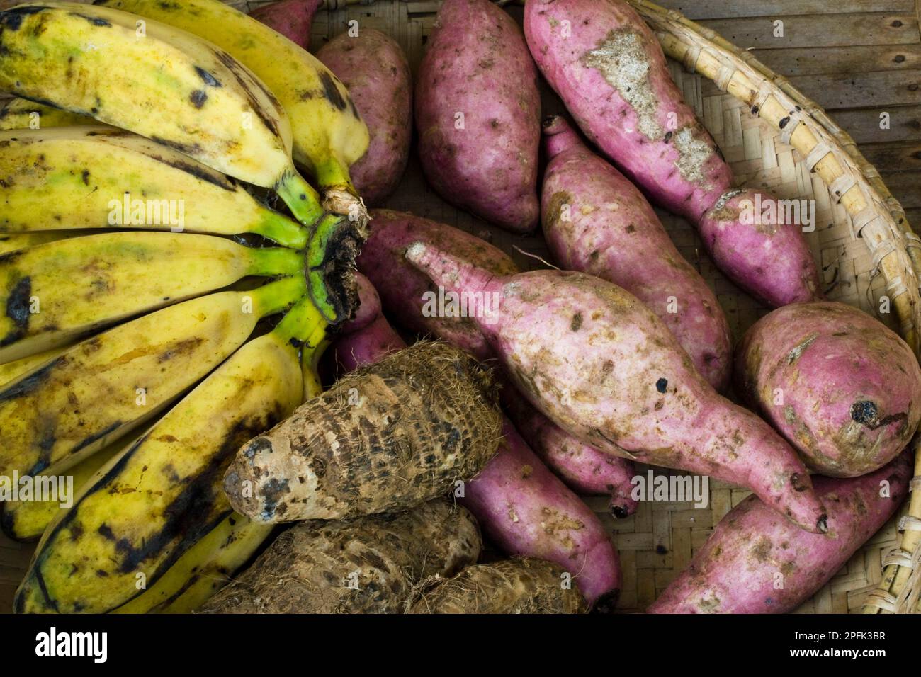 Taro (Colocasia esculenta), sweet potato (Ipomoea batatas) and banana ...