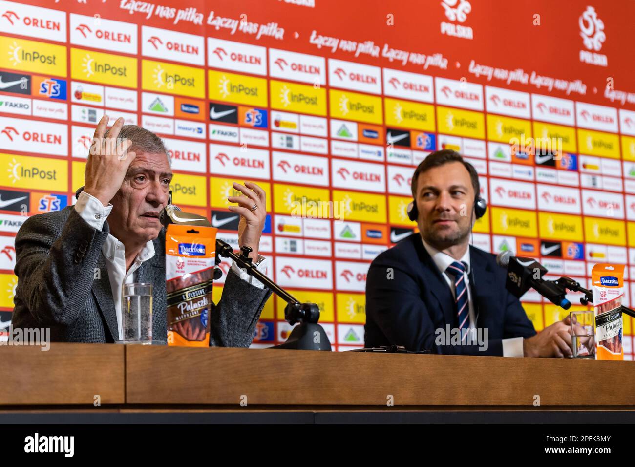 Warsaw, Poland. 17th Mar, 2023. Fernando Santos (L) head coach of Poland and Jakub Kwiatkowski (R) Press Officer of Polish Football Association are seen during a press conference announcing the appointments to the Poland national football team at PGE Narodowy Stadium in Warsaw. Credit: SOPA Images Limited/Alamy Live News Stock Photo