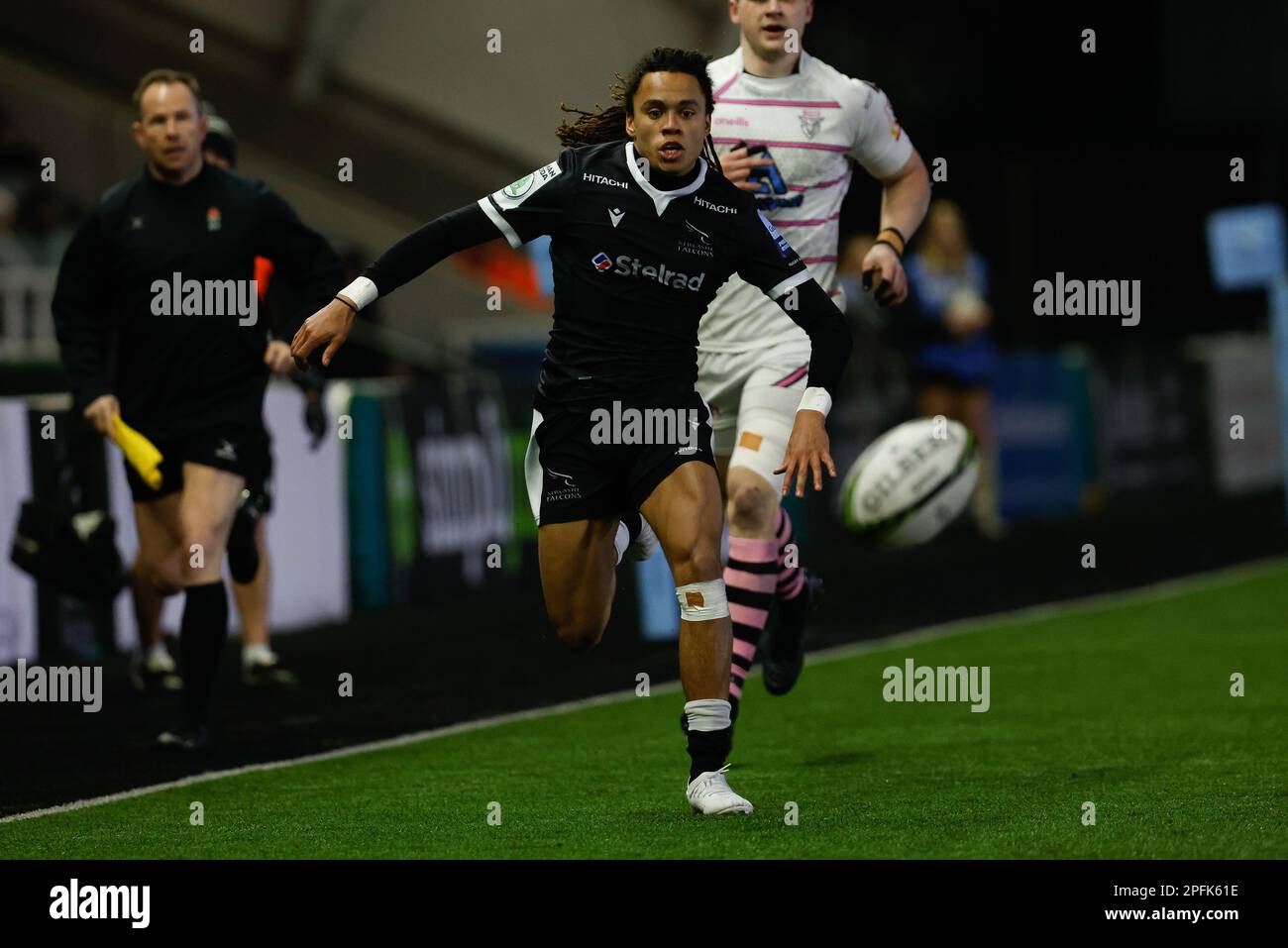 Nathan Greenwood of Newcastle Falcons chases a kick during the Friendly  match between Newcastle Falcons and Ayrshire Bulls at Kingston Park,  Newcastle on Friday 17th March 2023. (Photo: Chris Lishman | MI