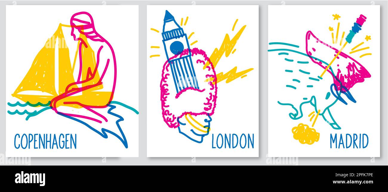 Doodle posters of various symbol cities. Сopenhagen London and Madrid Stock Vector