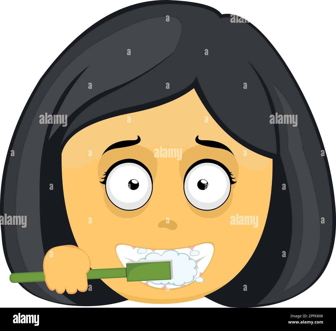 vector illustration emoticon of a woman face cartoon yellow color brushing her teeth Stock Vector