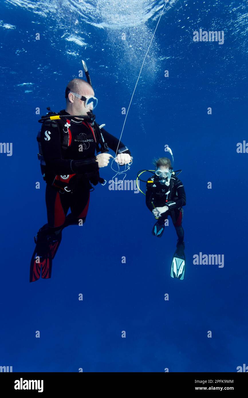 Diver, female diver, exercise, setting the safety buoy, 5th rope hold