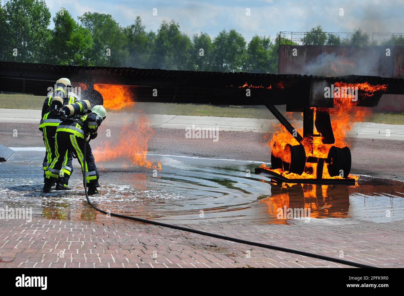 Training ground, fire fighting, fire brigade, dummy aircraft, airport fire brigade, airport, Munich, Bavaria, Germany Stock Photo