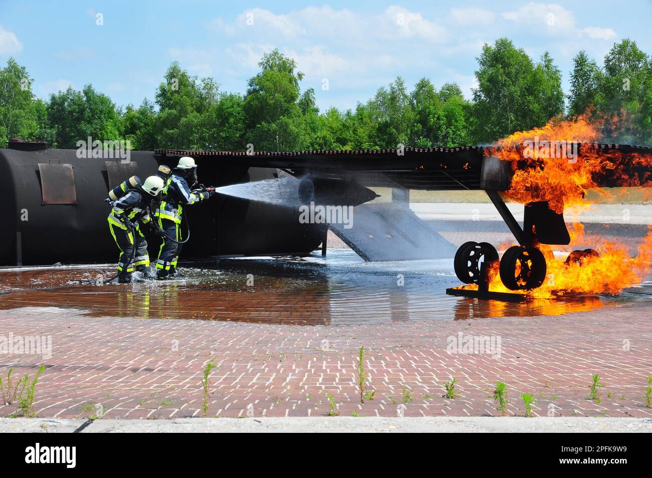 Training ground, fire fighting, fire brigade, dummy aircraft, airport fire brigade, airport, Munich, Bavaria, Germany Stock Photo