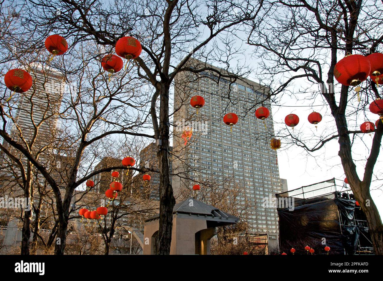 Chinese lanterns hanging on the public park in downtown Toronto, Canada