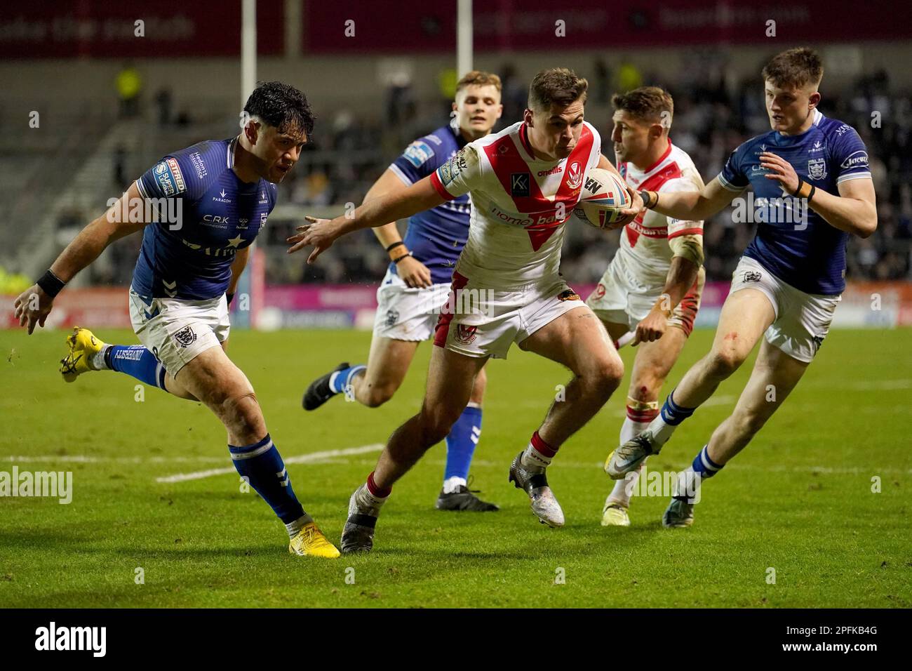 St Helens’ Jack Welsby evades being tackled on his way to scoring a try during the Betfred Super League match at the Totally Wicked Stadium, St Helens. Picture date: Friday March 17, 2023. Stock Photo