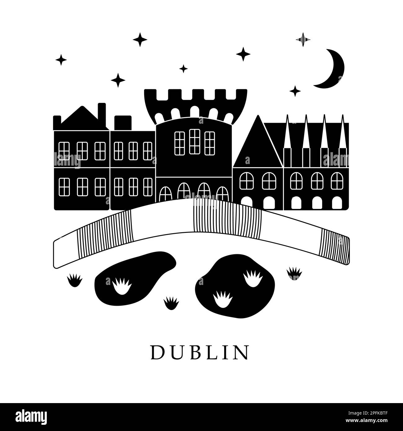 European capitals, Dublin. Black and white illustration Stock Vector