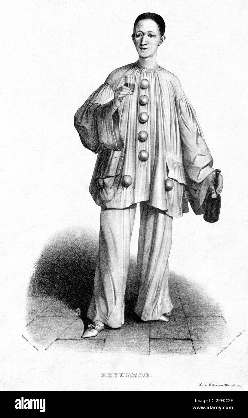Jean-Gaspard Deburau, 1796 – 1846, was a Bohemian-French mime artist, seen here as Pierrot, vintage illustration from c1850 Stock Photo