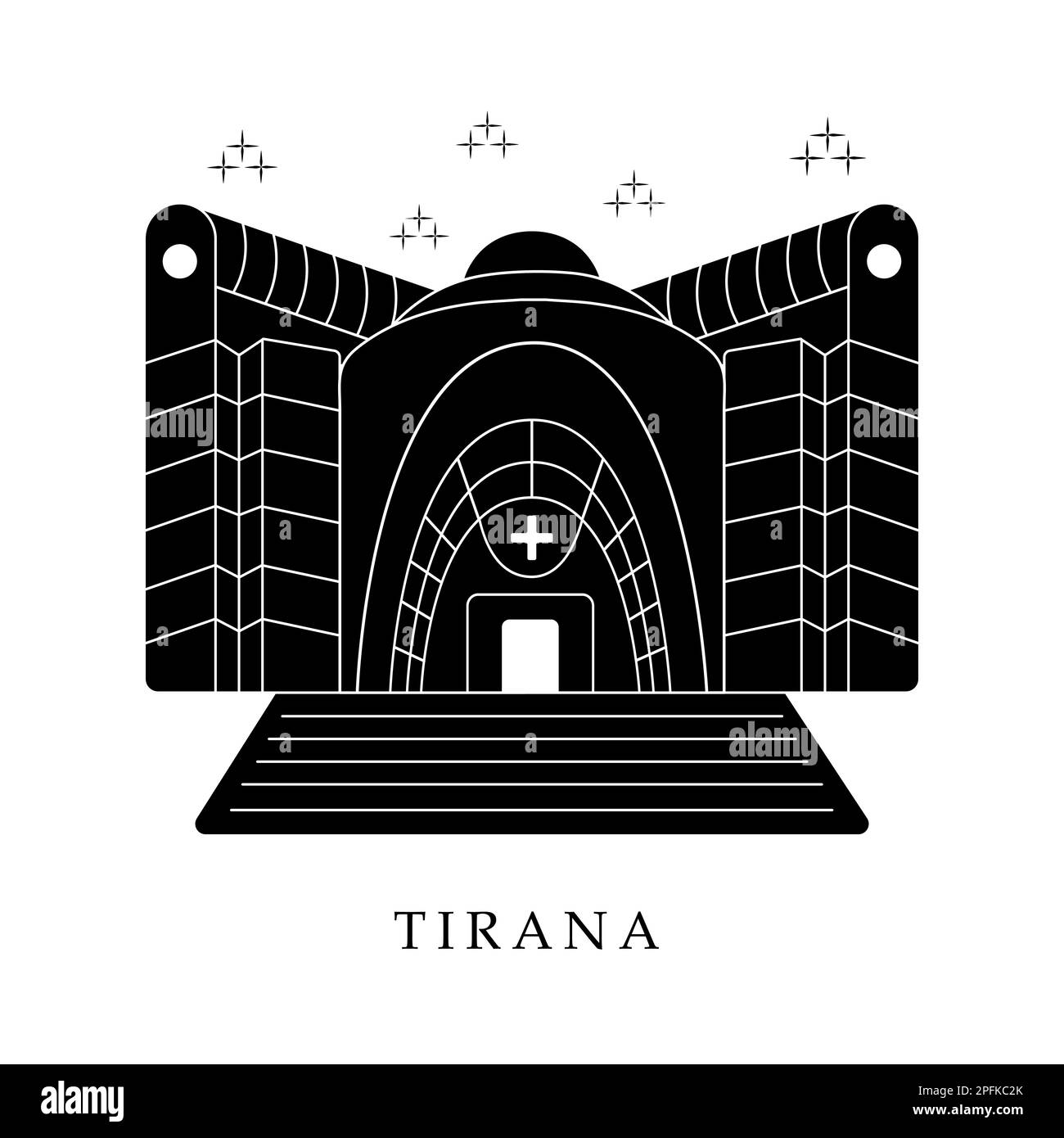 European capitals, Tirana. Black and white illustration Stock Vector