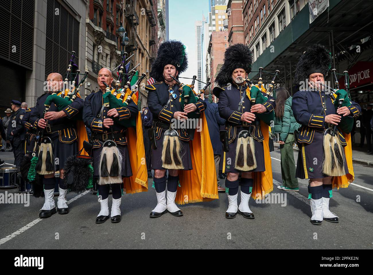 The NYPD Emerald Society Pipes & Drums rehearse before performing in