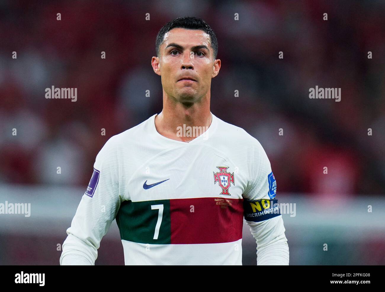 FILE - Portugal's Cristiano Ronaldo pauses during the World Cup  quarterfinal soccer match between Morocco and Portugal in Doha, Qatar, Dec.  10, 2022. New Portugal coach Roberto Martínez included Cristiano Ronaldo on