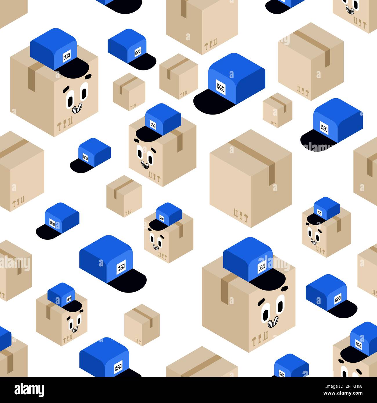 Parcel box and postman cap pattern seamless. Concept funny box to send background Stock Vector