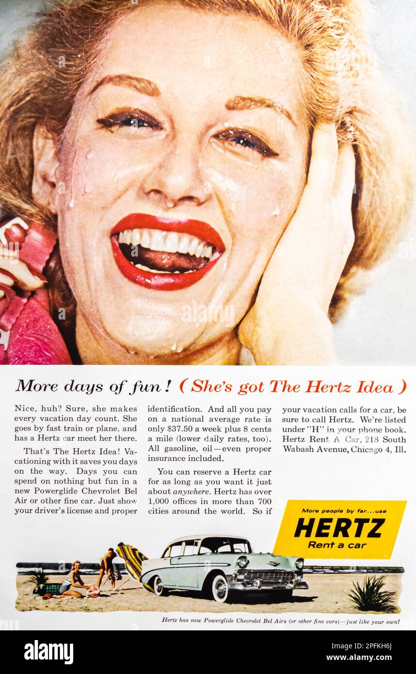 Hertz, car rental service advert in a Natgeo magazine, October 1956 Stock Photo