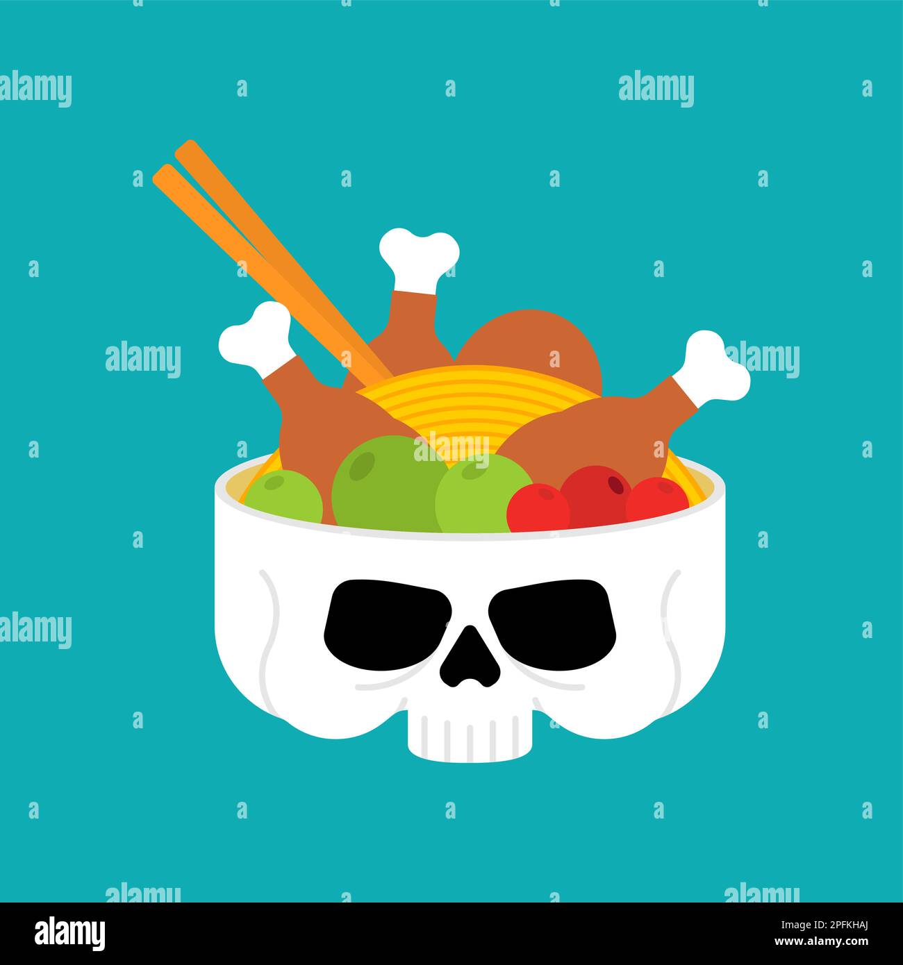 Noodles in skull. Skeleton head plate isolated. Ramen in Skull Stock