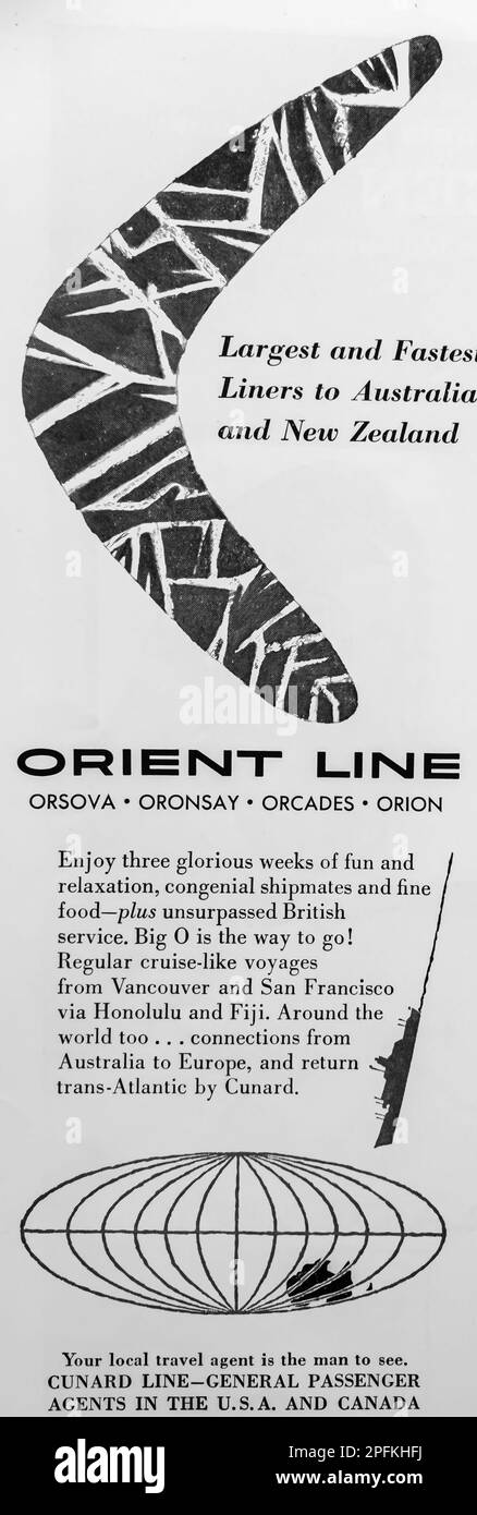 Orient line liners advert in a Natgeo magazine, October 1956 Stock Photo