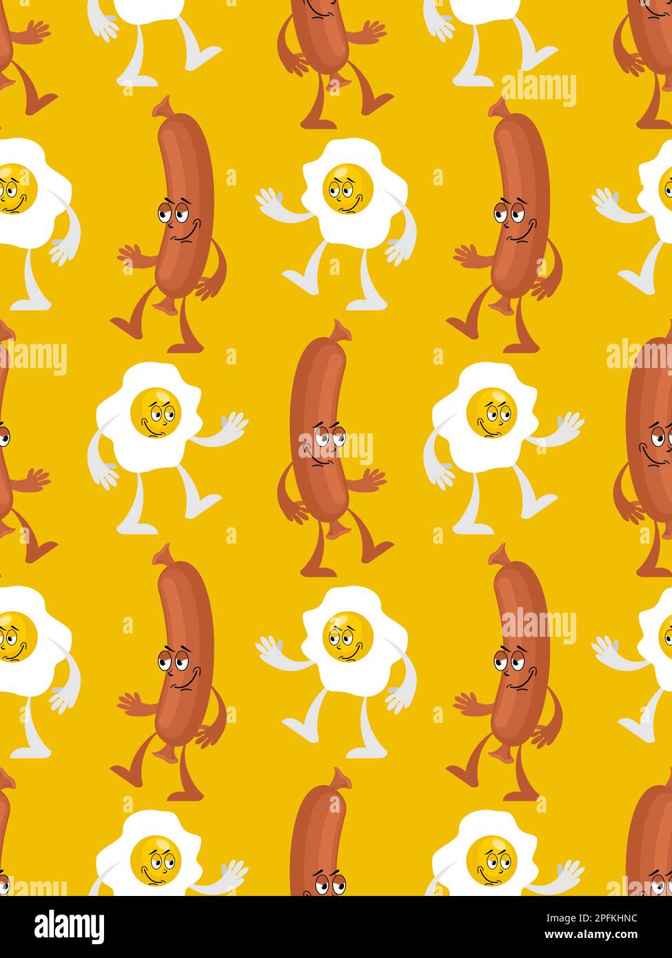 Fried eggs and sausage friends pattern seamless. Friendly breakfast concept background Stock Vector