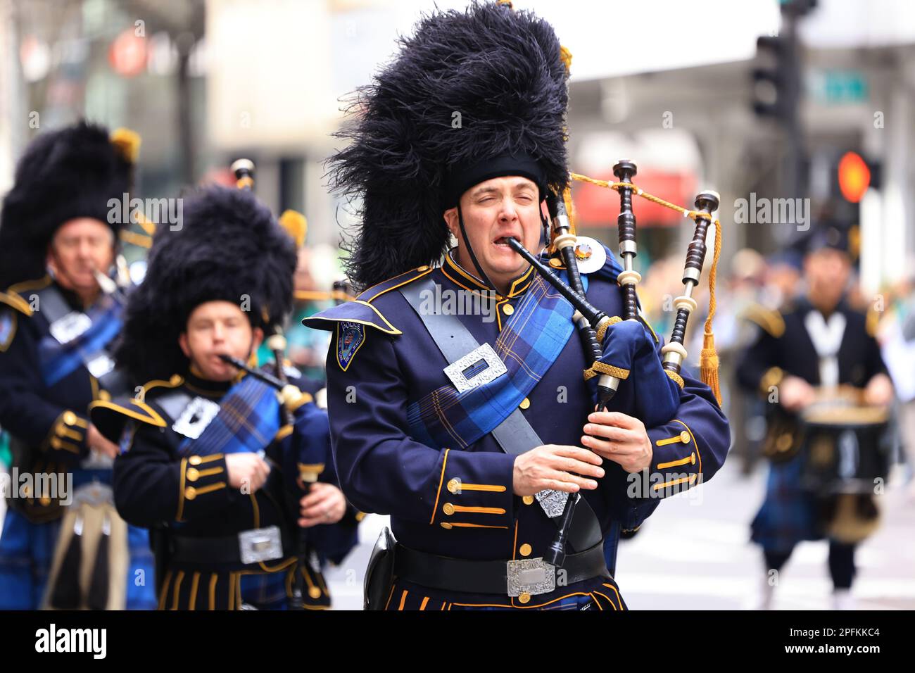 Port Authority Police Emerald Society Irish War pipe Band march in the St. Patrick's Day Parade on March 17, 2023, in New York. (Photo: Gordon Donovan) Stock Photo