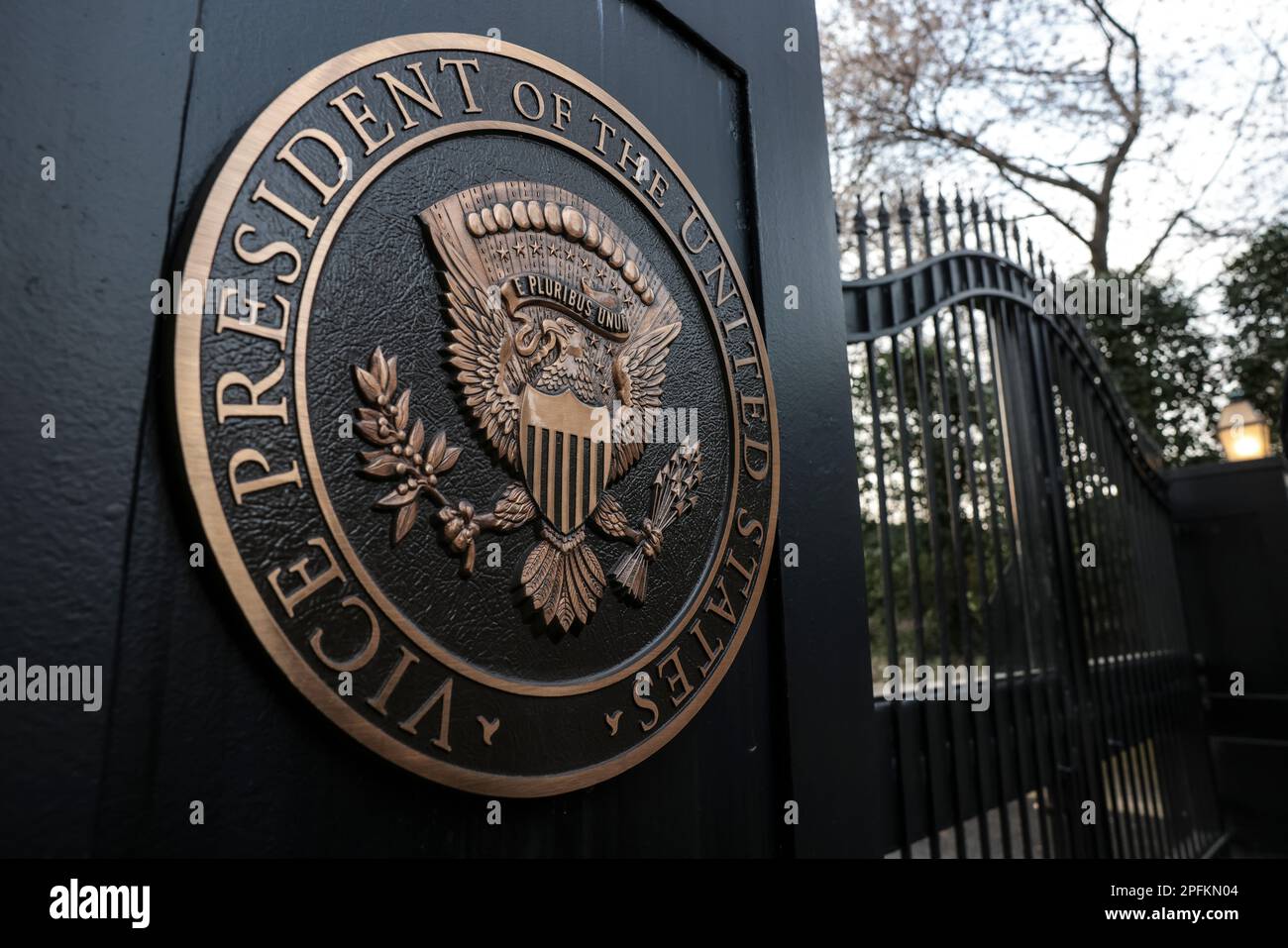 Washington, USA. 17th Mar, 2023. The seal of the Vice President of the United States is seen outside Vice President Kamala HarrisÕ residence at the U.S. Naval Observatory in Washington, DC, on March 17, 2023. (Photo by Oliver Contreras/Pool/Sipa USA) Credit: Sipa USA/Alamy Live News Stock Photo