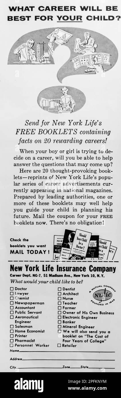 New York Life insurance company advert in a Natgeo magazine, november 1956 Stock Photo