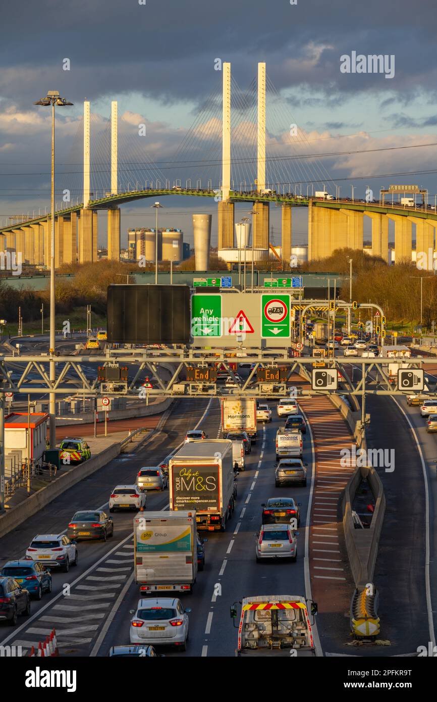 The dartford bridge over the river thames on a busy Friday night with