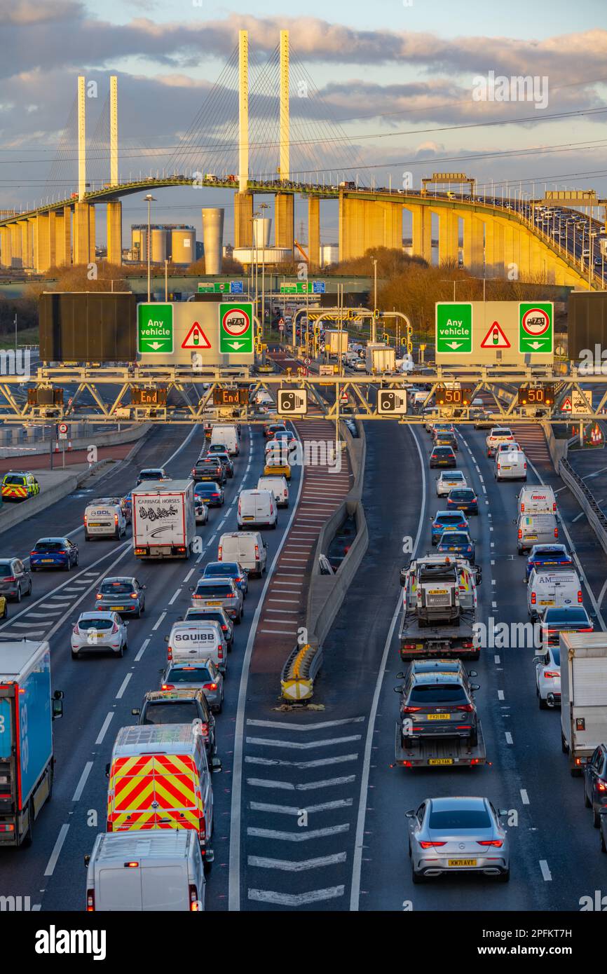 The dartford bridge over the river thames on a busy Friday night with
