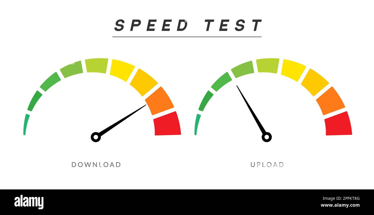 Speed test internet measure. Speedometer icon fast upload download rating. Quick level tachometer accelerate Stock Vector