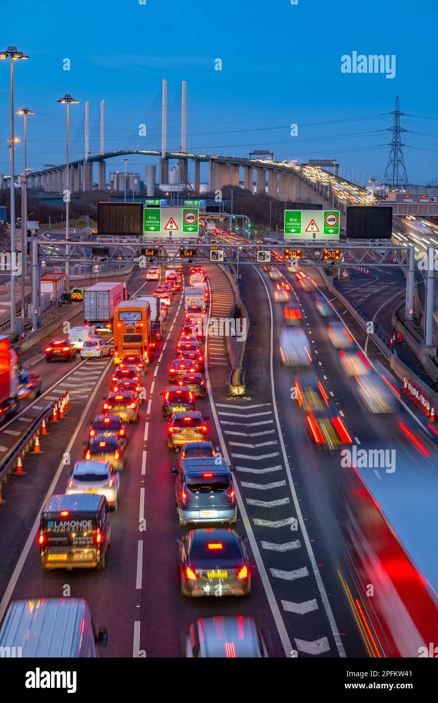 The dartford bridge over the river thames on a busy Friday night with