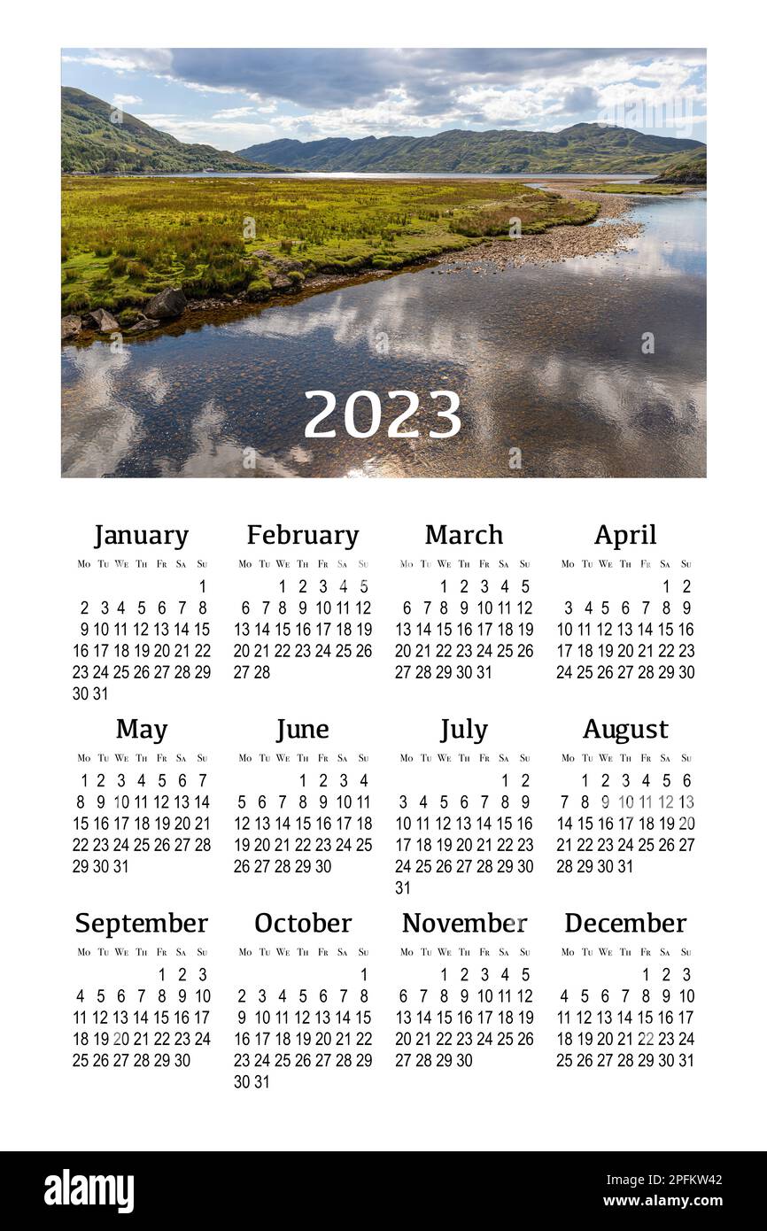 Calendar for 2023 on a white background for printing. Scotland, Great Britain. Beautiful mountain landscape Stock Photo - Alamy Calendar for 2023 on a white background for printing. Scotland, Great Britain. Beautiful mountain landscape Stock Photo - Alamy