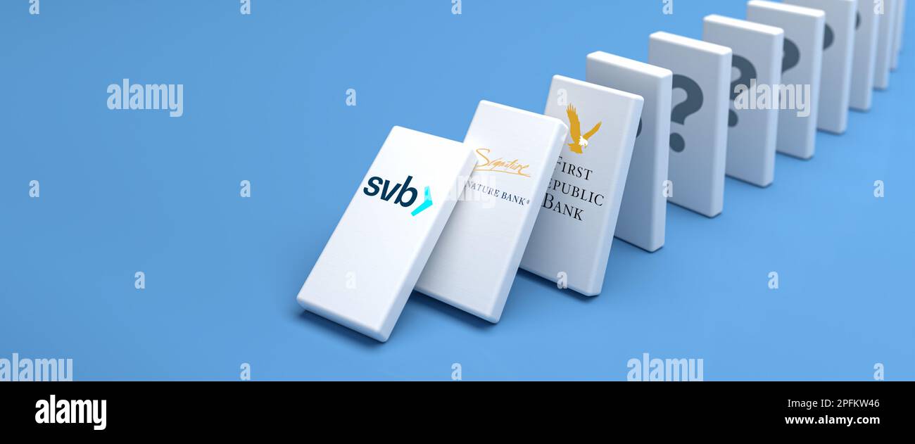Concept: Who is next in the banking crisis after the demise of the Silicon Valley Bank, Signature Bank and First Republic. Domino effect. Web banner f Stock Photo
