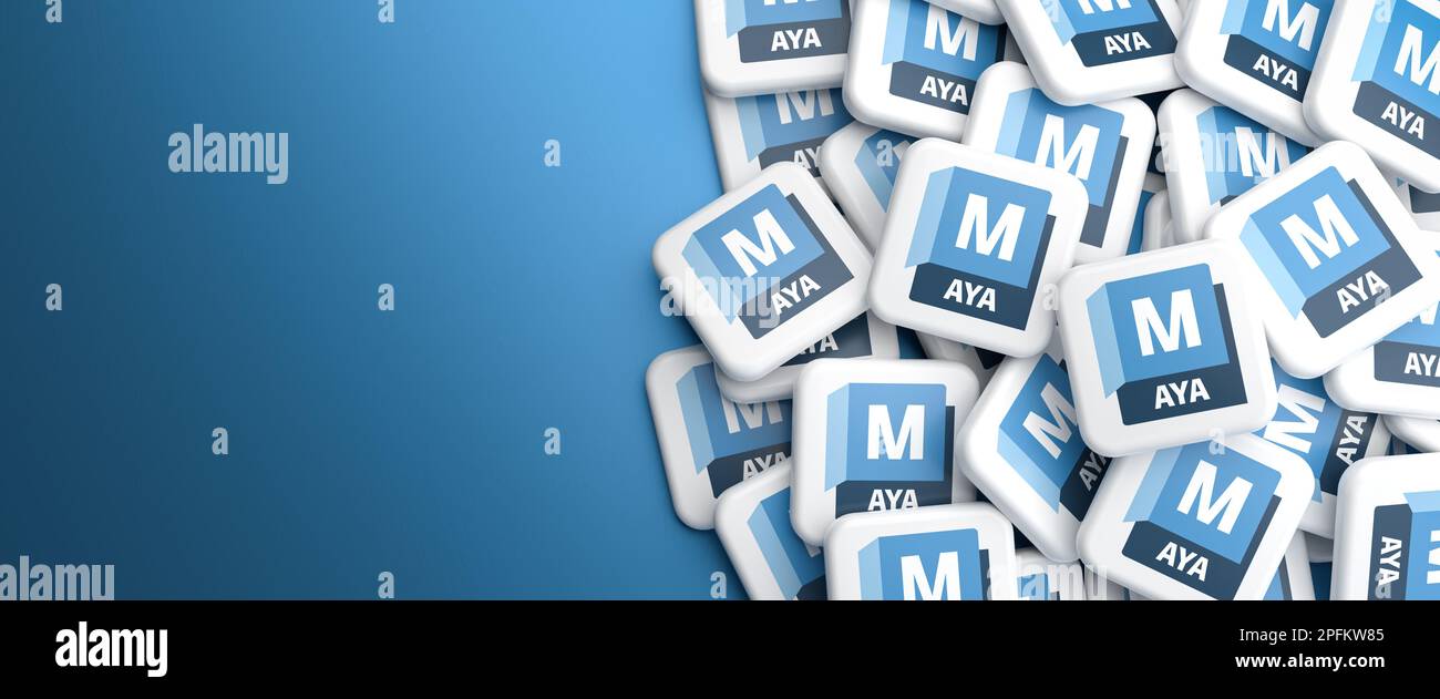 Logos of the 3d modeling, animation and rendering software Maya by Autodesk on a heap on a table. Stock Photo