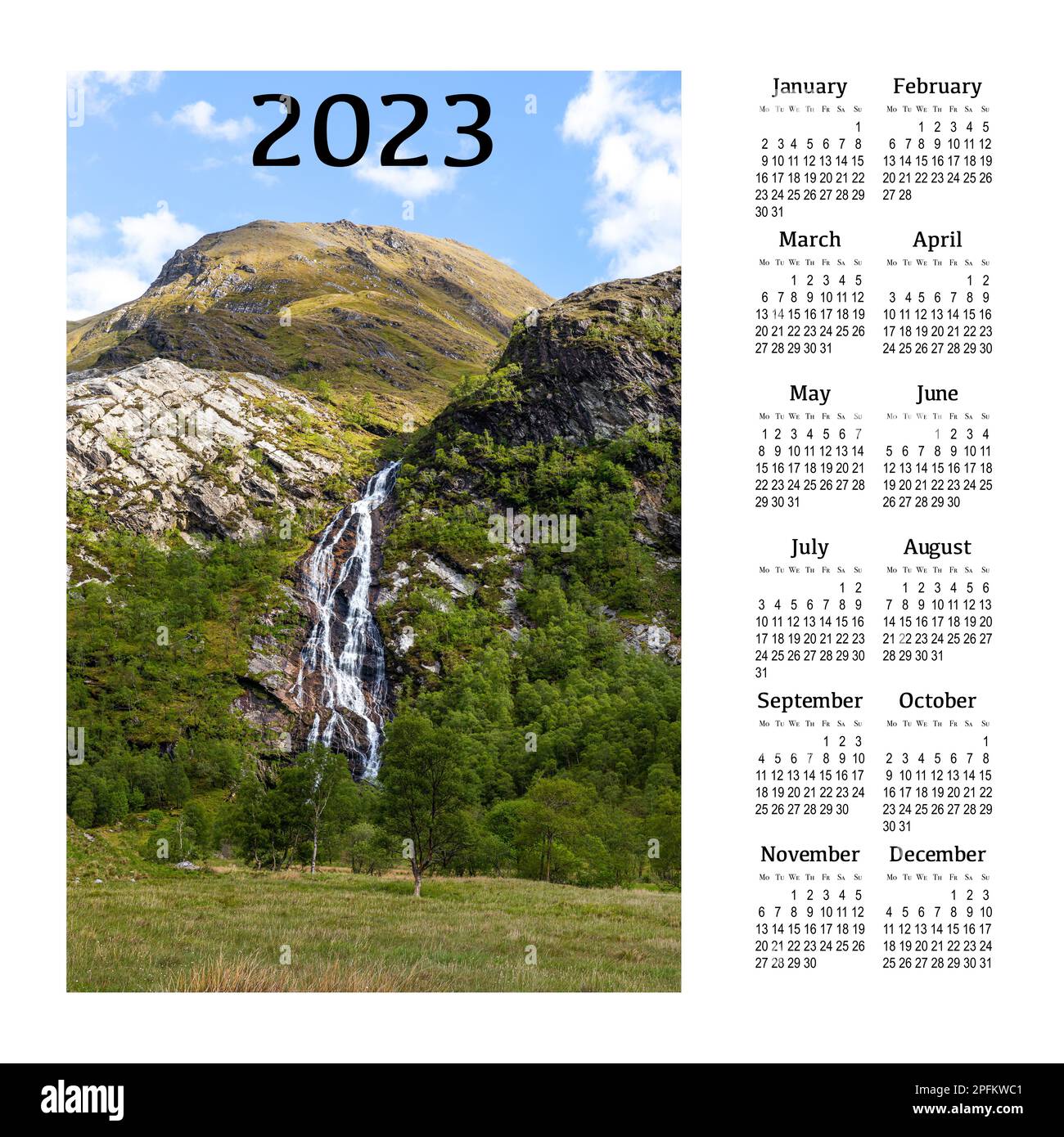 Calendar for 2023 on a white background for printing. Scotland, Great Britain. Beautiful mountain landscape. Stock Photo