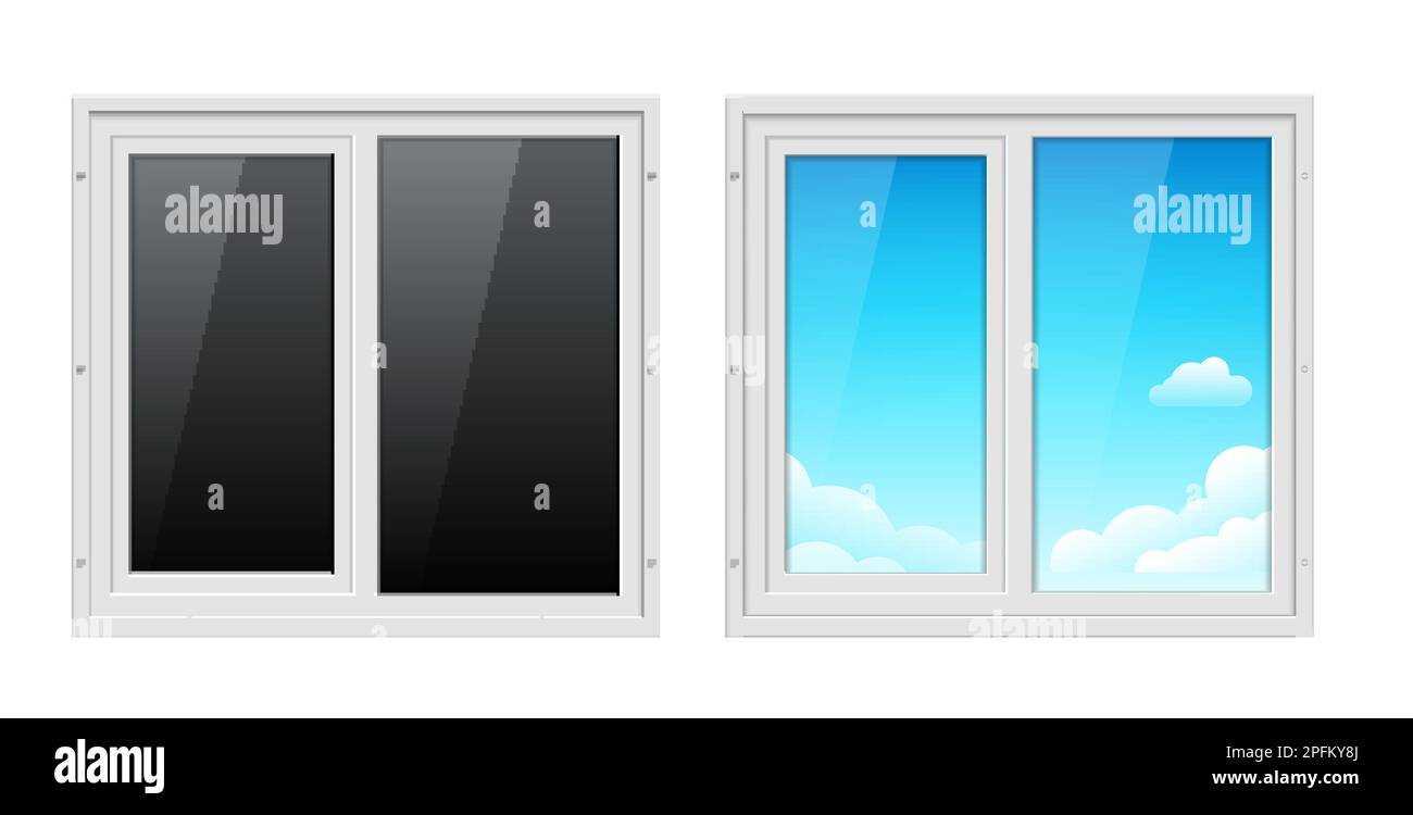 Plastic window frame in house. Vector glass plastic window closedm