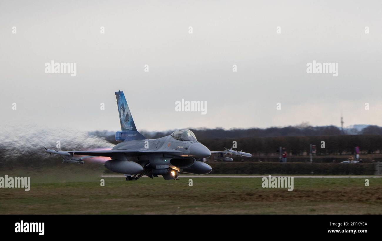 A Belgian Air Force F-16 Fighting Falcon takes-off at Royal Air Force Waddington, England, prior to a training mission for Exercise Cobra Warrior 23-1 March 14, 2023. Belgium is among six other nations participating in this iteration of Cobra Warrior, strengthening U.S. Partnerships and interoperability. (U.S. Air Force photo by Airman 1st Class Austin Salazar) Stock Photo