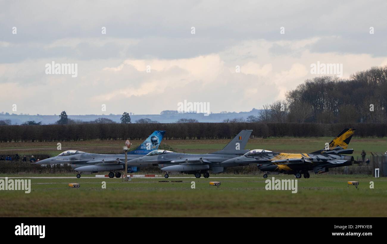 Belgian Air Force F-16 Fighting Falcons prepare to take-off at Royal Air Force Waddington, England, prior to a training mission for Exercise Cobra Warrior 23-1 March 14, 2023. Belgium is among six other nations participating in this iteration of Cobra Warrior, strengthening U.S. Partnerships and interoperability. (U.S. Air Force photo by Airman 1st Class Austin Salazar) Stock Photo