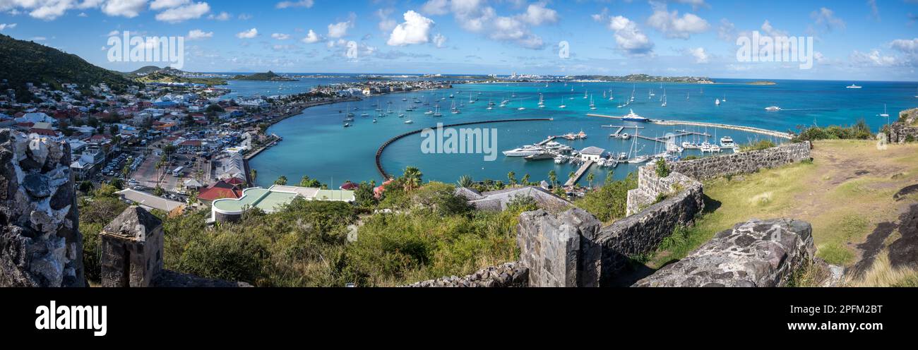 Marigot Bay and the marina on the French part of the Caribbean island of St Martin Stock Photo