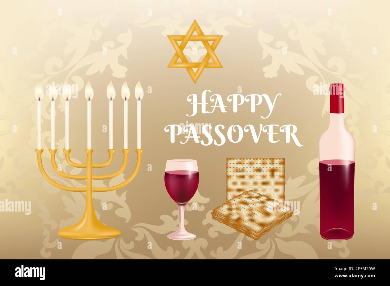 Celebrate the joyous occasion of Passover with this festive background featuring candles, matzah, and red wine amidst a beautiful patterned design Stock Vector