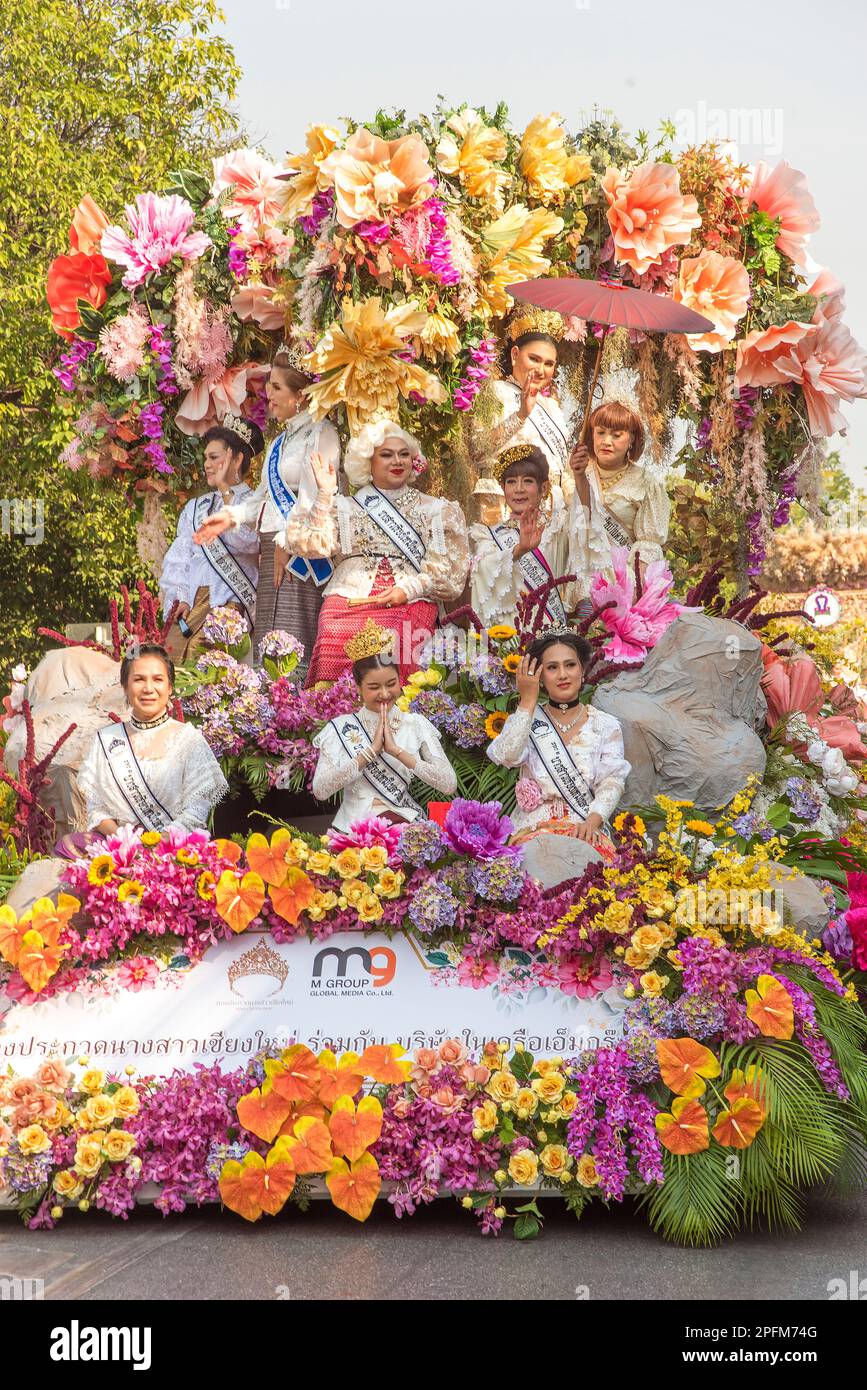Floral float and participants,  Chiang Mai flower festival parade 2023 Thailand Stock Photo