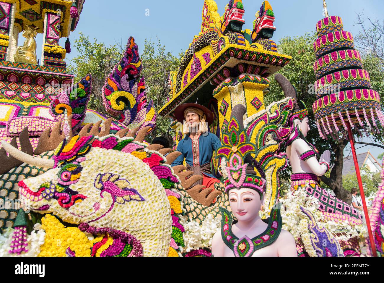 Floral float and participant,  Chiang Mai flower festival parade 2023 Thailand Stock Photo