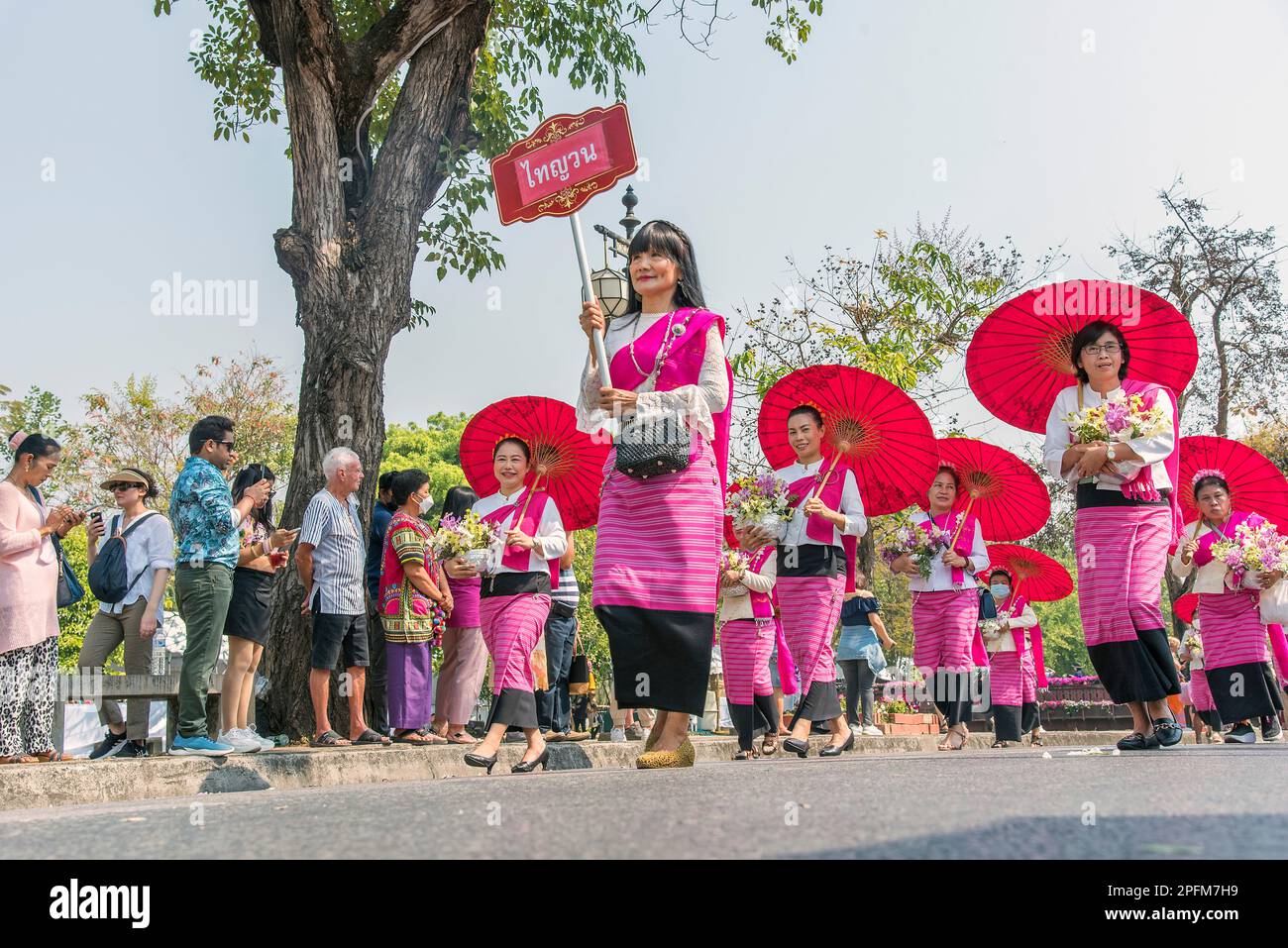 female participants, Chiang Mai flower festival parade 2023 Thailand Stock Photo