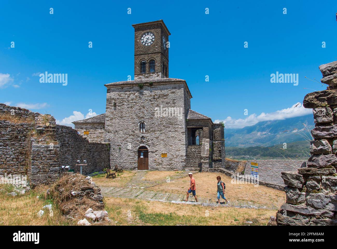 The clock tower at the 12th-century castle Gjirokaster Albania Stock Photo
