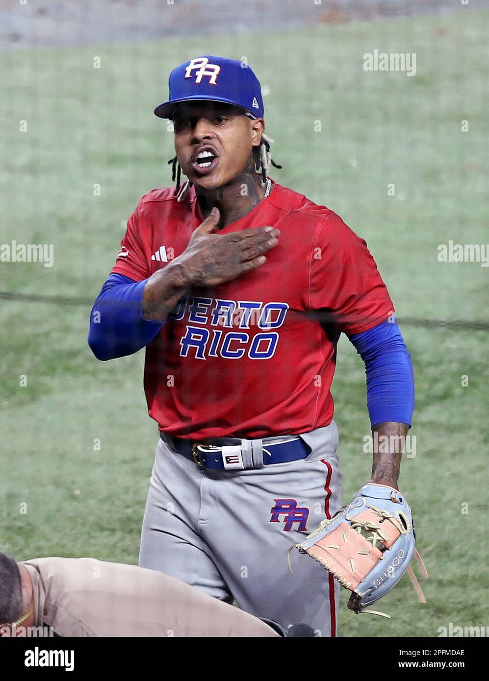 Miami, United States. 17th Mar, 2023. Puerto Rico pitcher Marcus Stroman (0) reacts after leaving the game in the fifth inning of the 2023 World Baseball Classic quarter-final game against Mexico in Miami, Florida on Friday, March 17, 2023. Photo by Aaron Josefczyk/UPI Credit: UPI/Alamy Live News Stock Photo