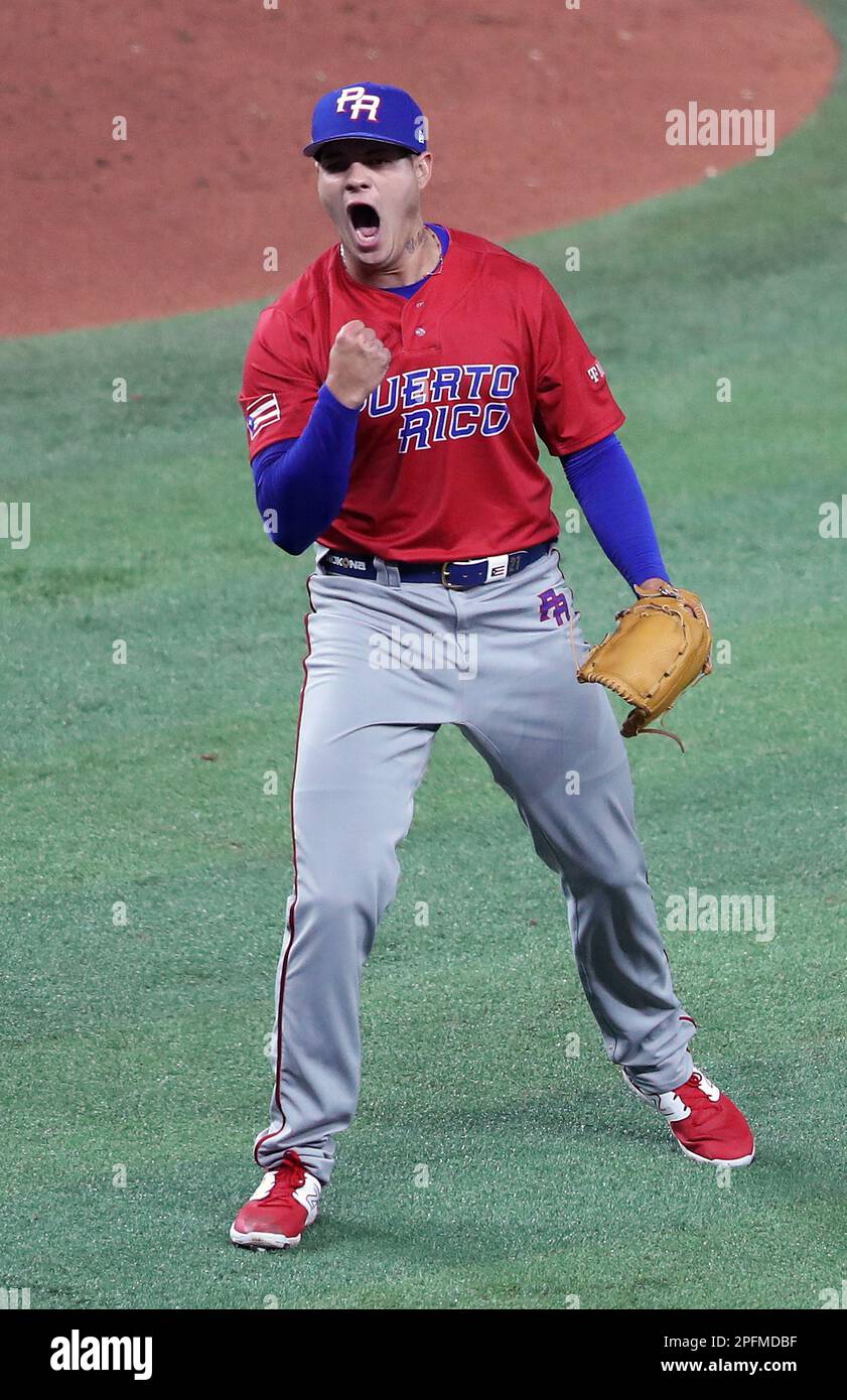 Miami, United States. 17th Mar, 2023. Puerto Rico relief pitcher Yacksel Rios (75) reacts after getting out of a bases loaded jam in the fifth inning of the 2023 World Baseball Classic quarter-final game against Mexico in Miami, Florida on Friday, March 17, 2023. Photo by Aaron Josefczyk/UPI Credit: UPI/Alamy Live News Stock Photo