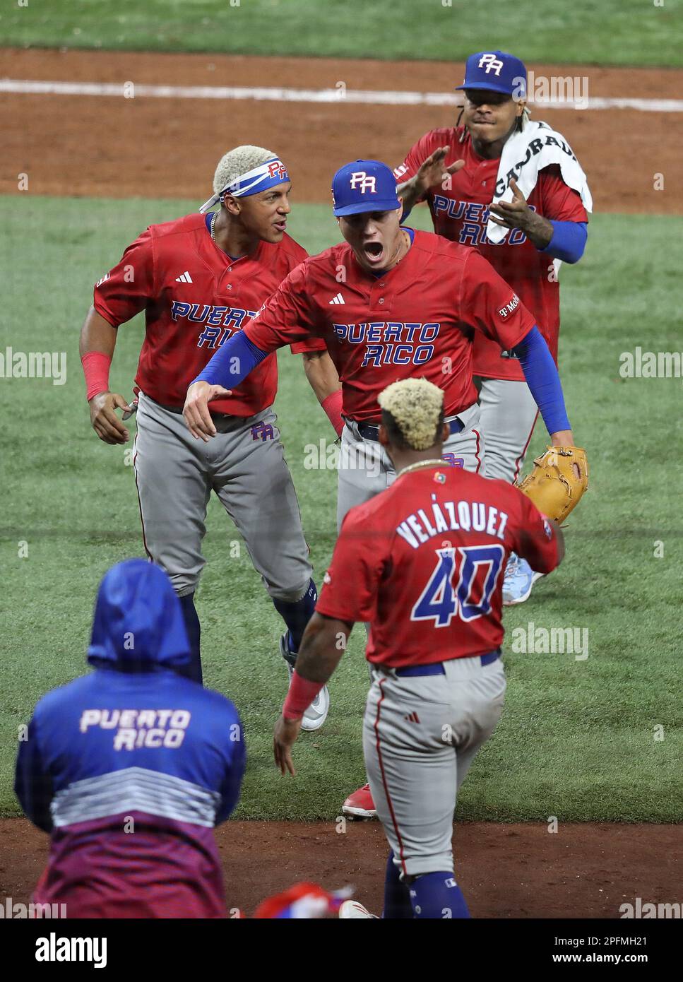 Miami, United States. 17th Mar, 2023. Puerto Rico relief pitcher Yacksel Rios (75) reacts after getting out of a bases loaded jam in the fifth inning of the 2023 World Baseball Classic quarter-final game against Mexico in Miami, Florida on Friday, March 17, 2023. Photo by Aaron Josefczyk/UPI Credit: UPI/Alamy Live News Stock Photo