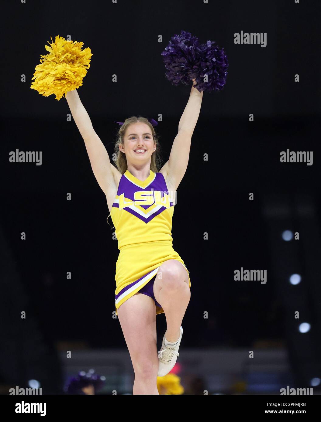 Baton Rouge, USA. 17th Mar, 2023. A LSU Tigers cheerleader perform during a timeout in the first round of the Women's Basketball NCAA Tournament at the Pete Maravich Assembly Center in Baton Rouge, Louisiana on Friday, March 17, 2023. (Photo by Peter G. Forest/Sipa USA) Credit: Sipa USA/Alamy Live News Stock Photo