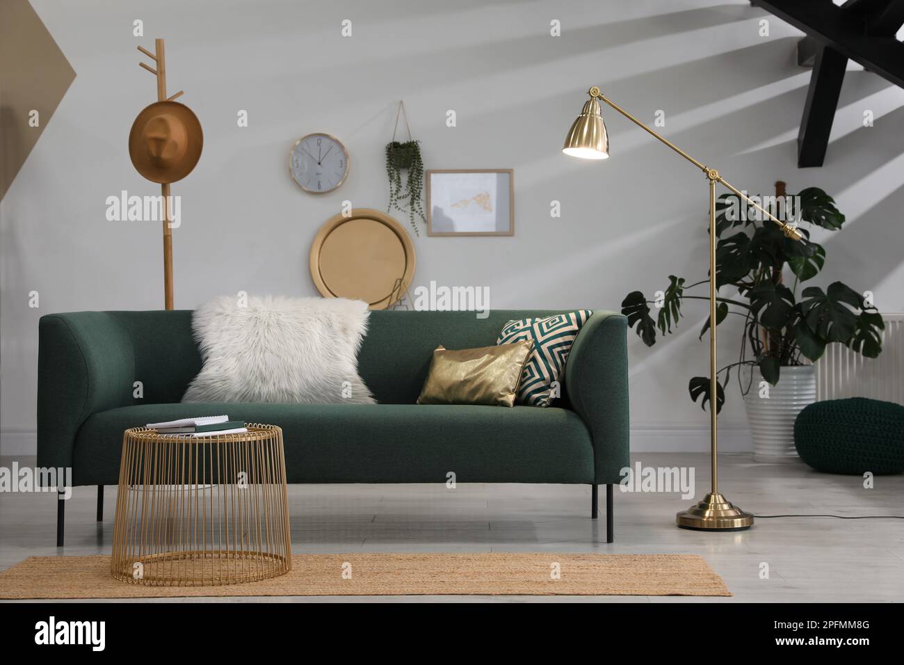 Living room interior with floor lamp and stylish furniture Stock Photo ...